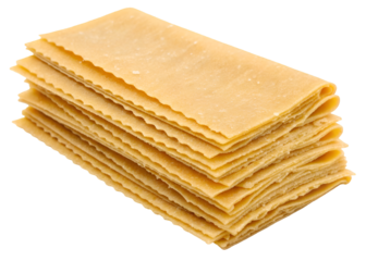 Stack of raw lasagna pasta sheets golden yellow with rough texture isolated on transparent background.
