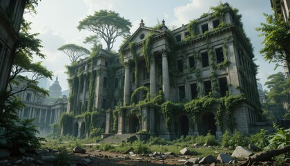 Abandoned Building Covered in Vegetation Post Apocalyptic Scene