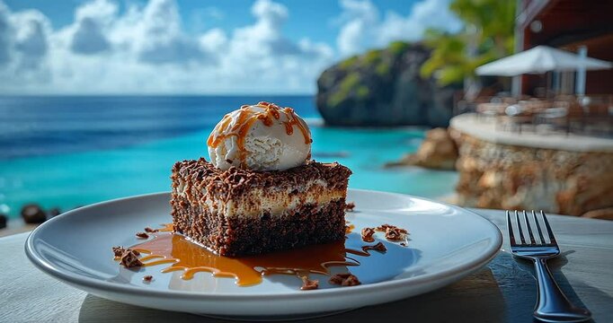 Delicious chocolate dessert with ice cream on a plate by the seaside with scenic background
