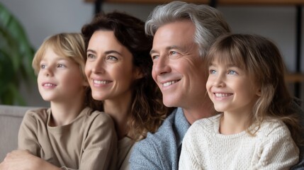 Happy family looking out a window, smiling.  Possible use  Family portrait, stock photo for a website or magazine