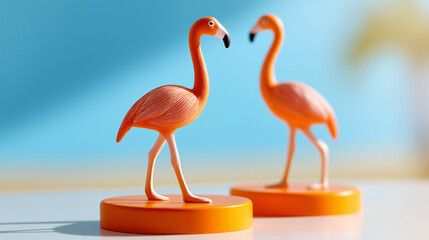 Obraz premium Two flamingo figurines on a vibrant surface, symbolizing elegance and simplicity in a bold color palette.