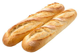 Two French baguettes with golden crust and airy texture isolated on transparent background.
