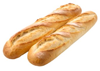Two French baguettes with golden crust and airy texture isolated on transparent background.

