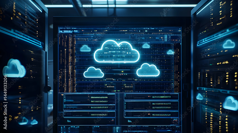 Poster glowing cloud computing in a dark data center
