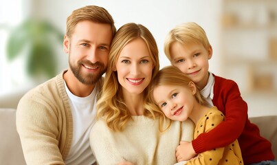 Fototapeta premium Happy family portrait, smiling parents and two children, cozy living room background, for family or home decor use