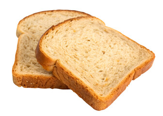 Two slices of whole wheat bread with brown crust and soft texture isolated on transparent background.
