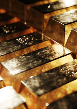 Gold bars in a pile close up