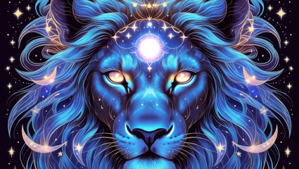 Mystical lion head with third eye and celestial elements (moon, stars), in spiritual esoteric line art — ideal for tarot, astrology, or boho designs