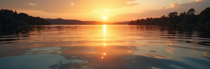 Fototapeta premium Golden metallic foil scattered on a calm lake surface at dawn, reflection, natural, peaceful