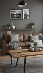Brown couch, wood dining table, black & white photos, grey walls  Chic contemporary living space ,  wall art,  couch,  photography
