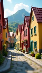 Fototapeta premium Colorful miniature houses lining a cobblestone street in a picturesque town square, miniature, travel