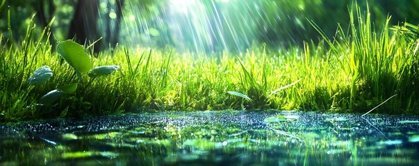 Fototapeta premium Lush Green Grass & Sunlit Water Reflection - Nature & Environment: .