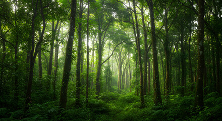 Obraz premium Walking Through a Lush Green Forest with Sunlight Streaming Through Trees