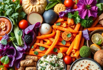 Vibrant colorful array of vegan plant-based foods, dips, plate