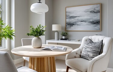 A framed artwork hanging on the wall of an office, light grey and white color scheme, natural lighting, soft tones, a round table with chairs around it in front of the desk