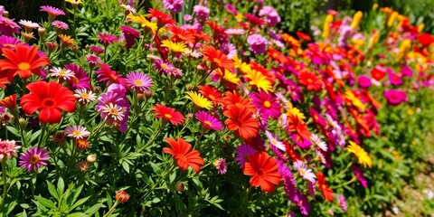 Obraz premium Vibrant flowers overflowing in lush garden, sunny day, full bloom, botanical