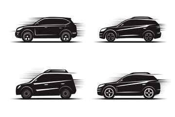Four SUVs speeding, side view, white background, automotive illustration