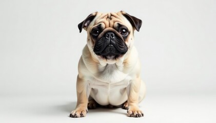 Obraz premium A lone pug, viewed from the front, is posed on a stark white backdrop , studio, canine