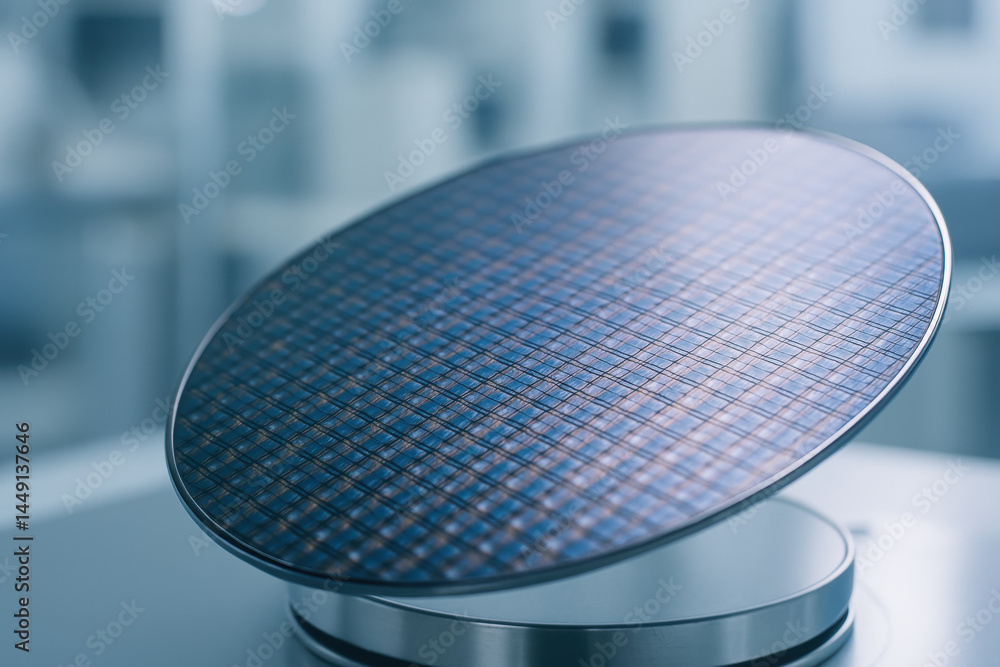 Aufkleber closeup of a semiconductor wafer with microchip patterns in a technology lab