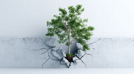 Resilient tree emerges from cracked concrete surface, symbolizing hope and growth in harsh environment. This striking image captures beauty of nature overcoming obstacles