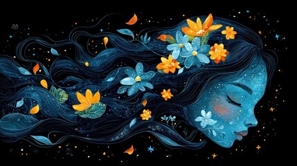 Ethereal figure with flowers, stars, long wavy hair