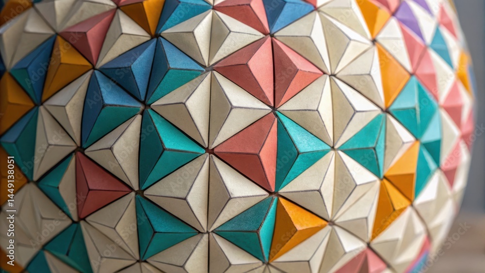 Poster colorful geometric patterns of a spherical object, showcasing a mix of triangles and colors in a vis