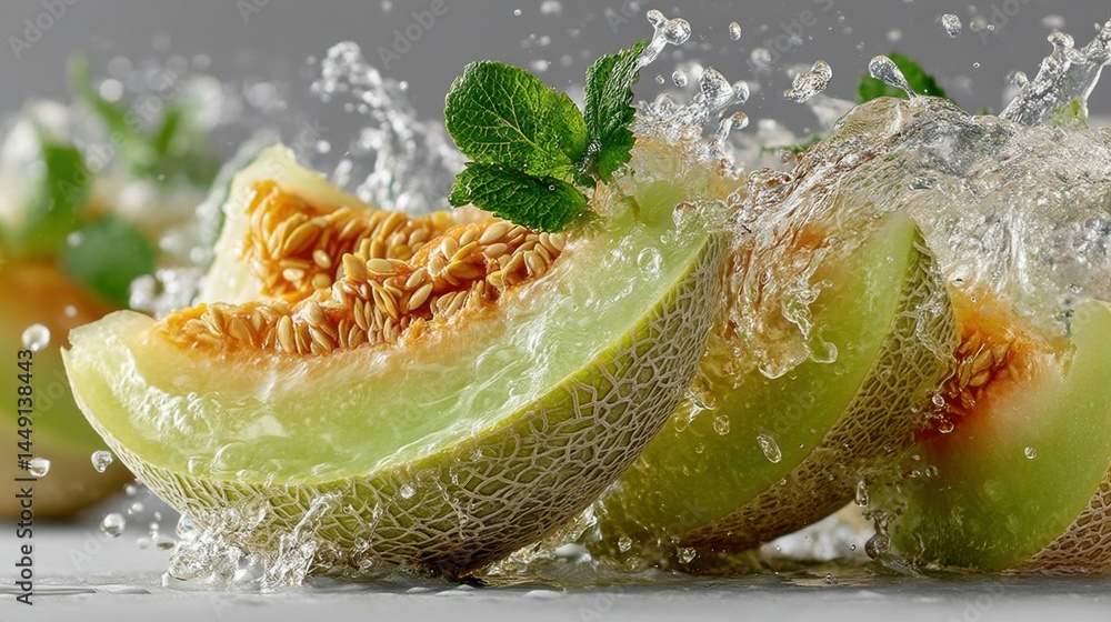 Poster refreshing slices of honeydew melon splashing in water