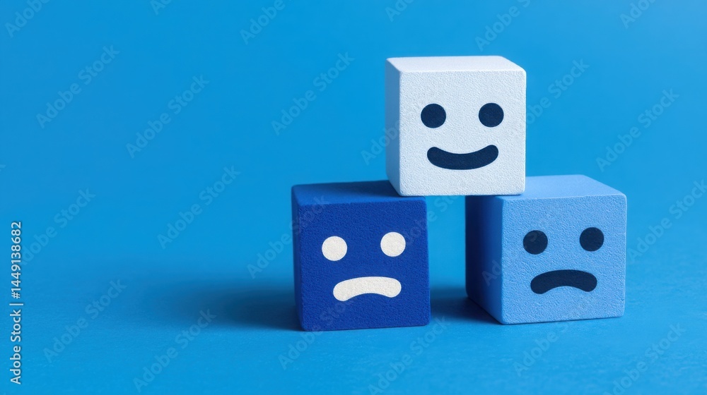 Poster three emotionless blocks with faces representing algorithmic indifference in strategic decision-maki