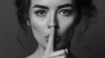 Naklejka premium Woman with finger on lips portraying the essence of alpha silence and outperforming without hype in a thoughtful gesture