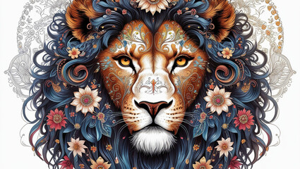 Fototapeta premium Intricate lion head with floral and mandala-style ornamental patterns, decorative line art in boho style — suitable for wall art, t-shirts, or coloring books