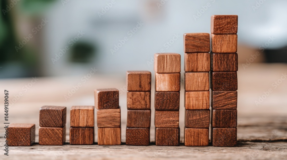 Poster stack of wooden blocks arranged in a creative way representing asymmetry and strategic potential in 