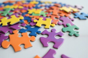 A colorful collection of puzzle pieces scattered across a white surface, symbolizing International Puzzle Day. Each piece is brightly colored, fitting perfectly into the concept of puzzle solving.