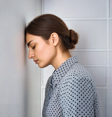Stress, Young woman feeling overwhelmed leaning against a dotted wall in a modern office