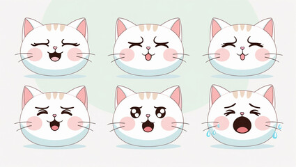 Fototapeta premium Set of 5 kawaii-style cat faces showing different emotions (happy, sleepy, angry, surprised, and sad), vector line art with pastel colors.