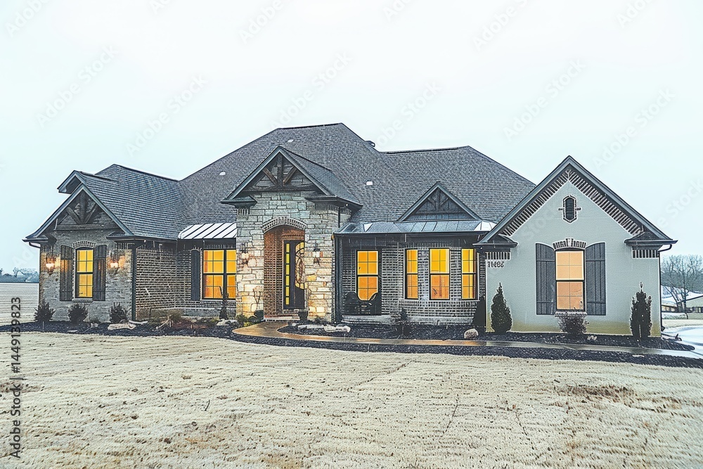 Poster stylish house with illuminated windows in a serene setting.