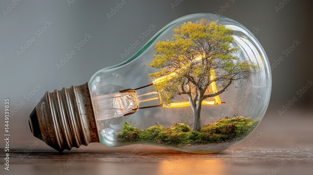 Poster a unique light bulb containing a tree inside, representing innovation and the concept of self-sustai