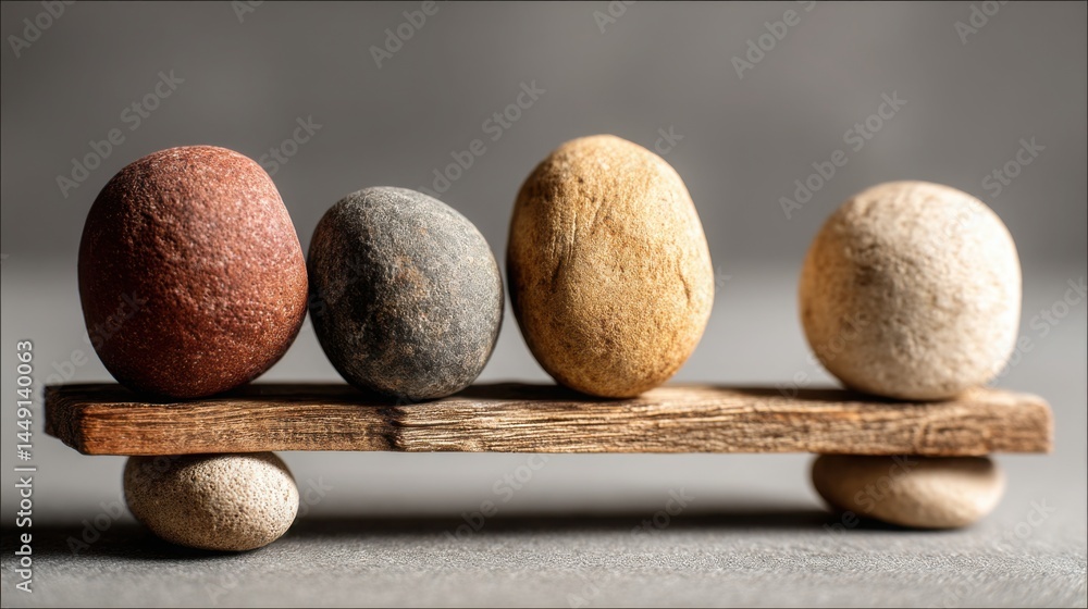 Poster a rustic wooden bench adorned with three smooth stones, symbolizing balanced data and emotional neut