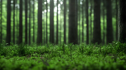 Fototapeta premium Green Forest Floor Sunlight Filtering Through Trees