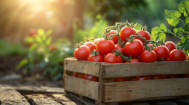 Vibrant Fresh Tomatoes in a Rustic Wooden Crate Surrounded by Lush Greenery and Natural Light