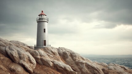 Obraz premium Scenic lighthouse perched on rocky cliff overlooking ocean waves serving as guiding beacon for investment and success