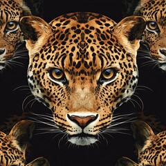 Fototapeta premium Majestic Seam of Leopards with Striking Blue Eyes Captured in a Lush Green Jungle Environment