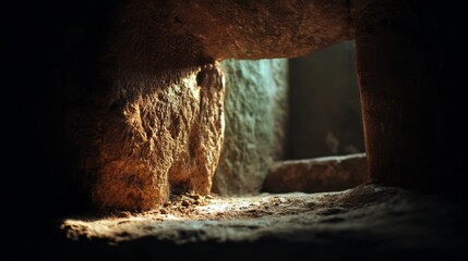 The tomb of Jesus closes under the weight of a massive stone, leaving only dim light and suspended dust. The image evokes a timeless breath of silence before darkness fully arrives.