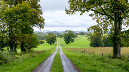 Obraz premium Country Road Through Green Fields On Cloudy Day