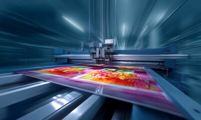 Industrial printing machine processing colorful graphic prints