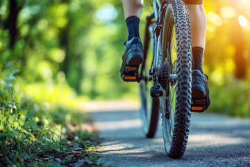 Naklejka premium Person biking on paved path through green trees. Close-up of legs and wheels