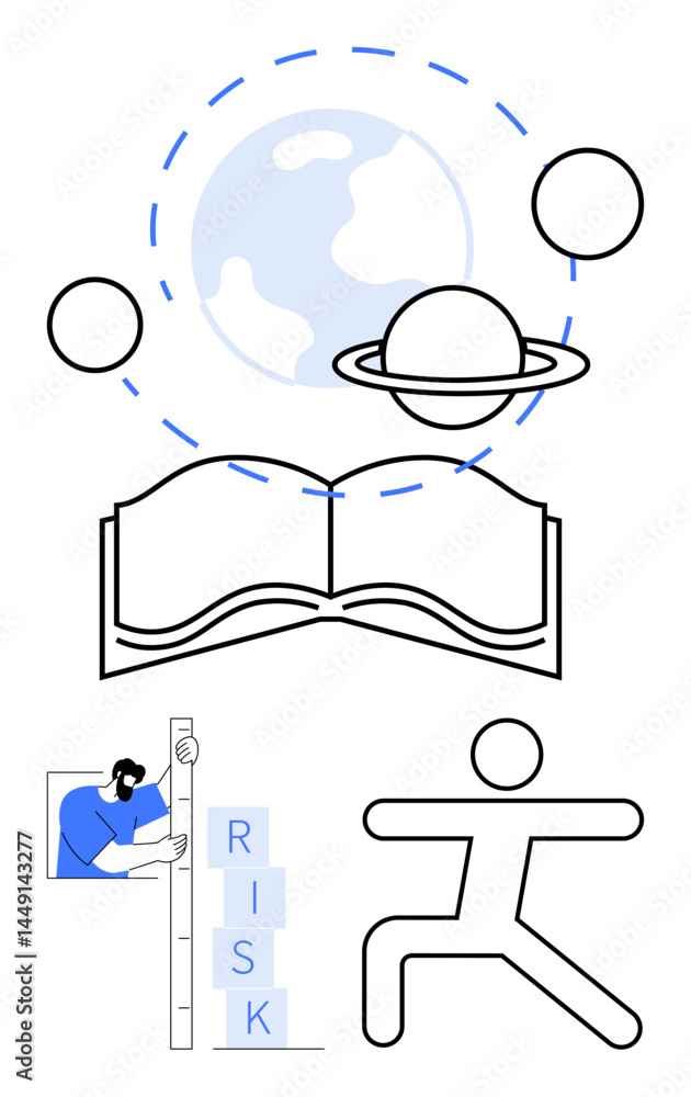 Poster open book with orbiting planets, a figure stacking risk blocks, and an abstract person in motion. id