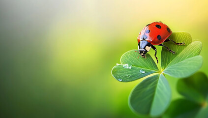 Obraz premium A ladybug perched on the four-leaf clover, symbolizing good luck and harmony for the St. Patrick's Day celebration