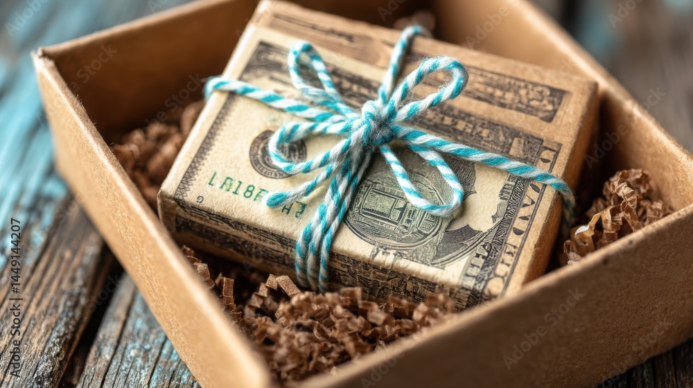Poster dollar bill nestled inside a box symbolizing compressed value and profit within a compact and organi