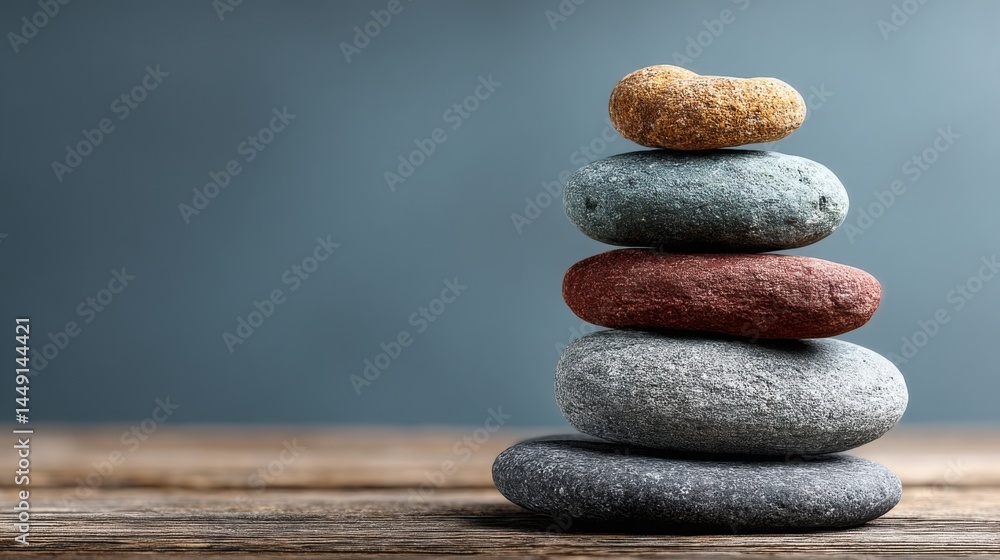 Poster a serene stack of rocks symbolizing stability and core stillness amidst the movement of nature's ele