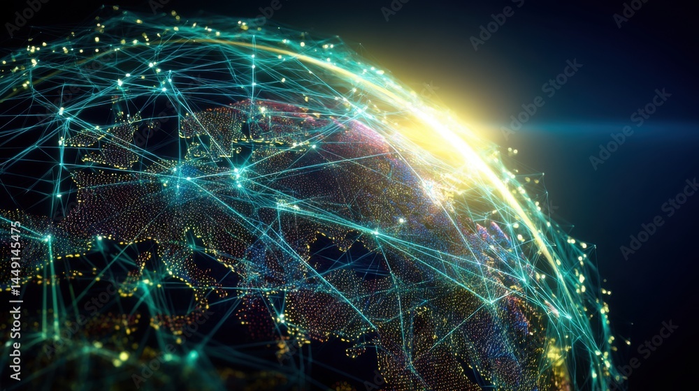 Poster global connectivity illustrated by a globe surrounded by a network of interconnected lines represent